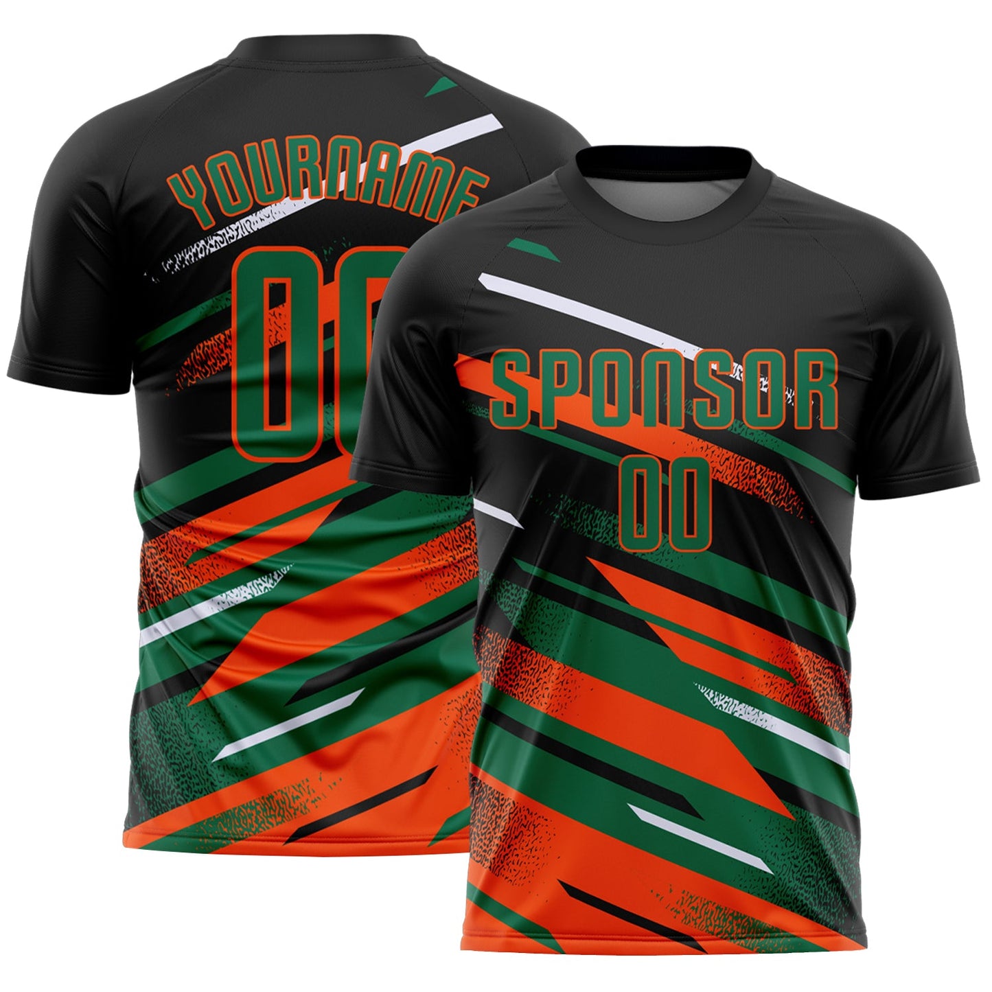 Custom Black Kelly Green Orange-White Grunge Stripe And Grainy Sports Sublimation Soccer Uniform Jersey - Main View