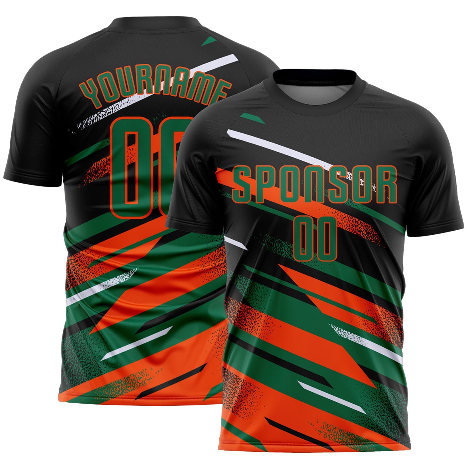 Custom Black Kelly Green Orange-White Grunge Stripe And Grainy Sports Sublimation Soccer Uniform Jersey - Main View