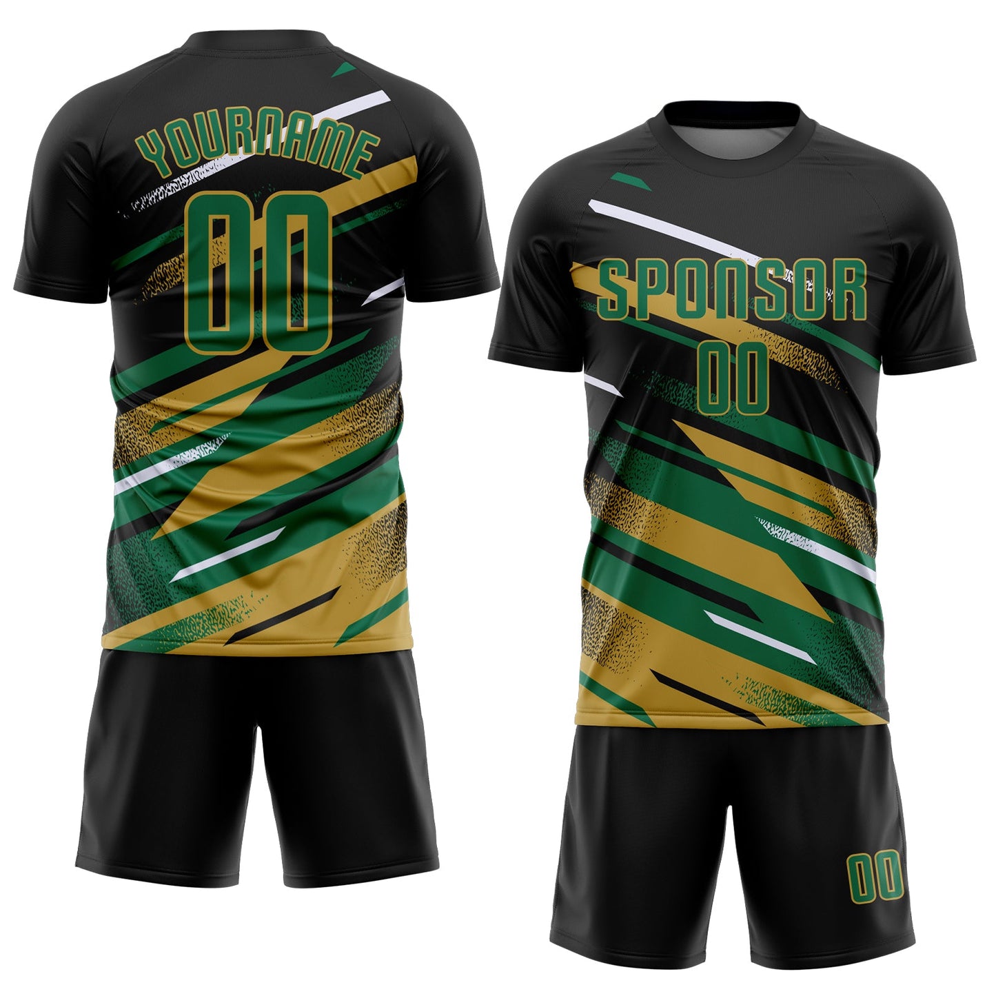 Custom Black Kelly Green Old Gold-White Grunge Stripe And Grainy Sports Sublimation Soccer Uniform Jersey view 2