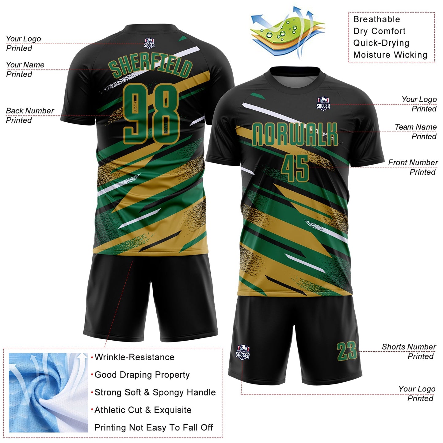 Custom Black Kelly Green Old Gold-White Grunge Stripe And Grainy Sports Sublimation Soccer Uniform Jersey view 4