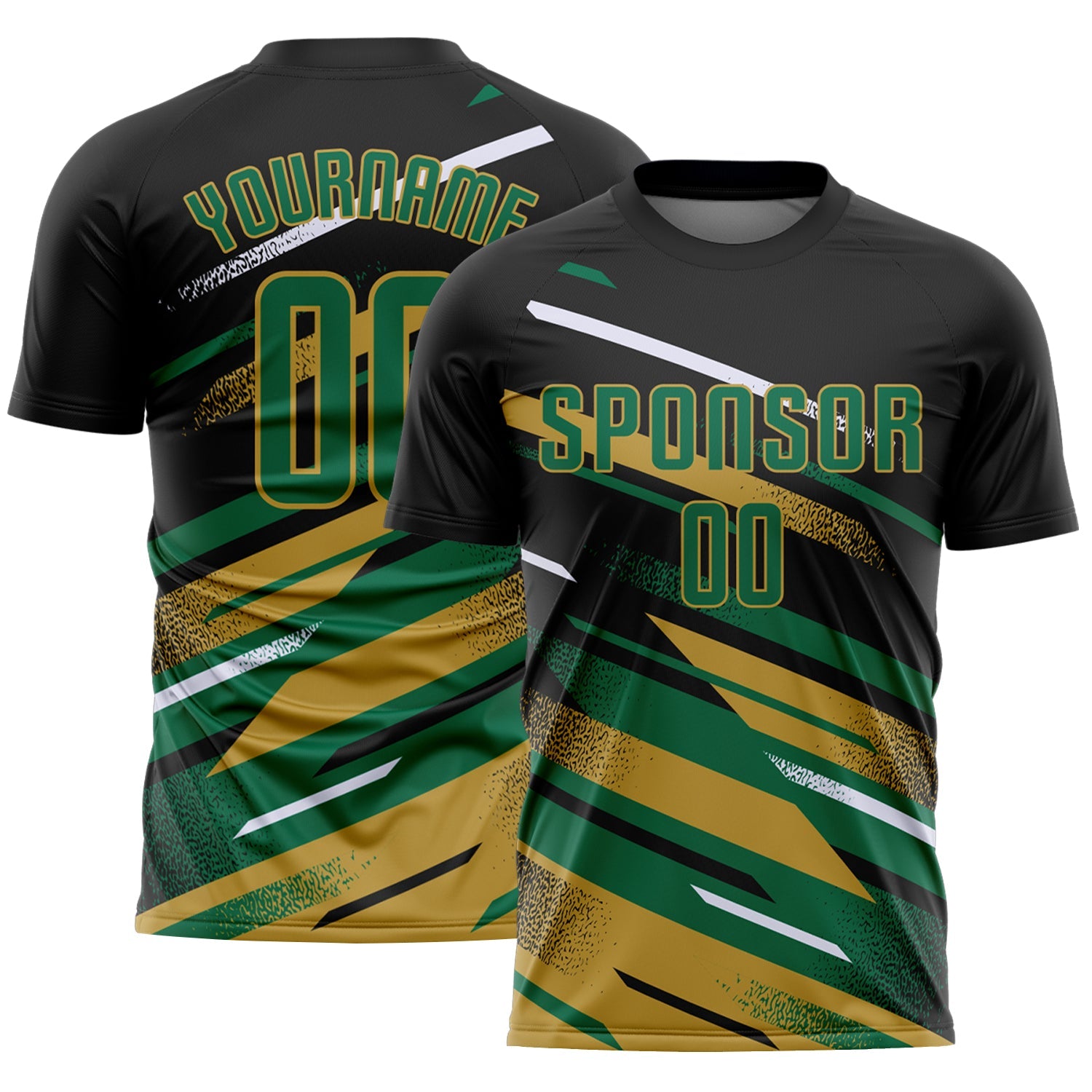 Custom Black Kelly Green Old Gold-White Grunge Stripe And Grainy Sports Sublimation Soccer Uniform Jersey - Main View