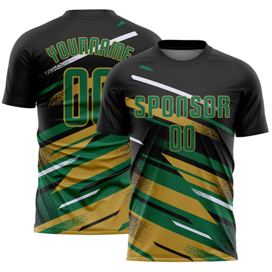 Custom Black Kelly Green Old Gold-White Grunge Stripe And Grainy Sports Sublimation Soccer Uniform Jersey - Main View