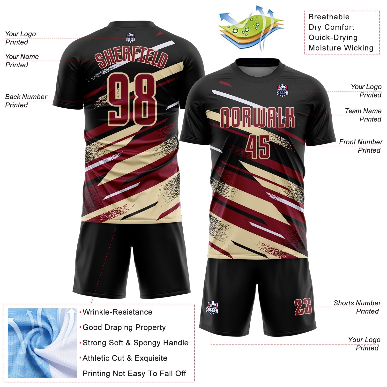 Custom Black Crimson Cream-White Grunge Stripe And Grainy Sports Sublimation Soccer Uniform Jersey view 4