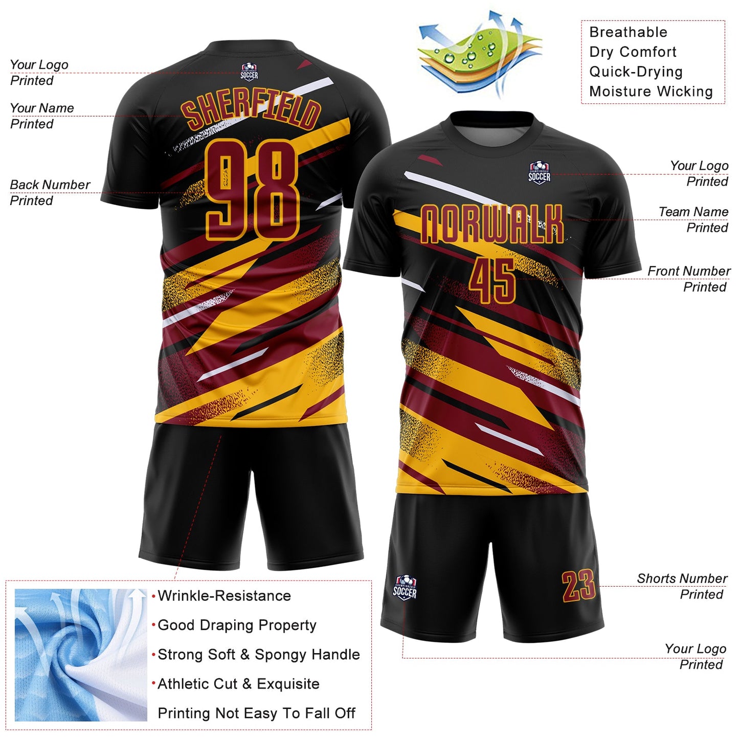 Custom Black Crimson Gold-White Grunge Stripe And Grainy Sports Sublimation Soccer Uniform Jersey view 4