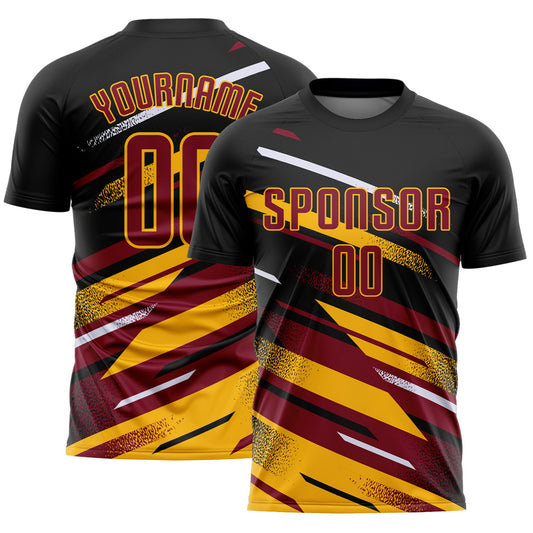 Custom Black Crimson Gold-White Grunge Stripe And Grainy Sports Sublimation Soccer Uniform Jersey - Main View