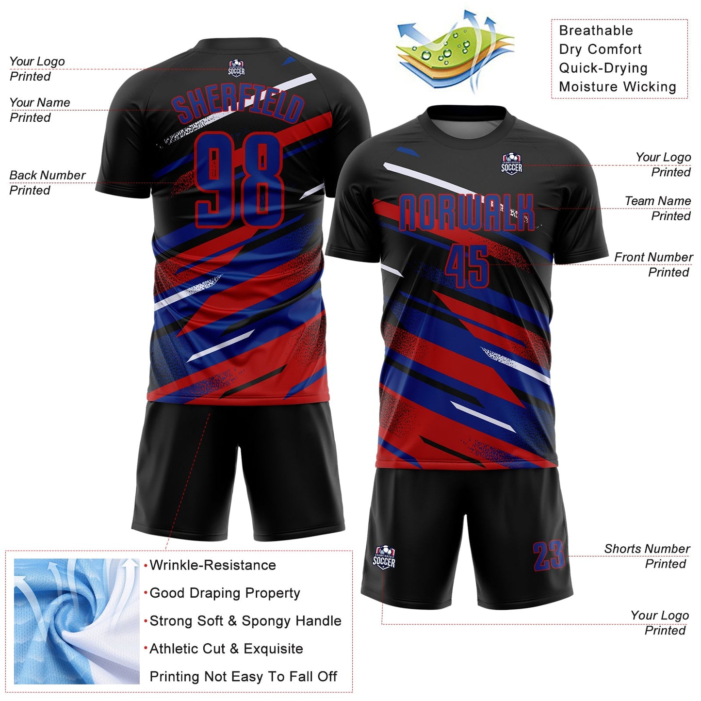 Custom Black Royal Red-White Grunge Stripe And Grainy Sports Sublimation Soccer Uniform Jersey view 4