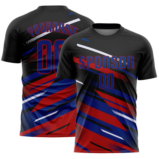Custom Black Royal Red-White Grunge Stripe And Grainy Sports Sublimation Soccer Uniform Jersey - Main View