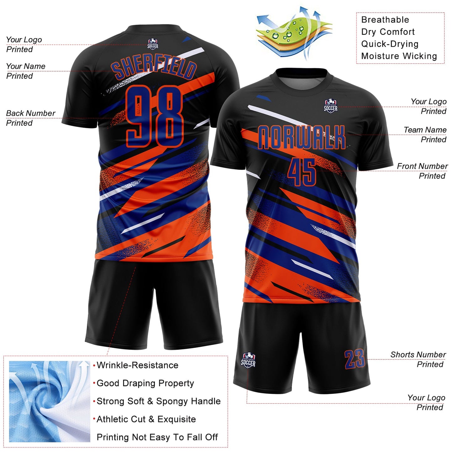 Custom Black Royal Orange-White Grunge Stripe And Grainy Sports Sublimation Soccer Uniform Jersey view 4