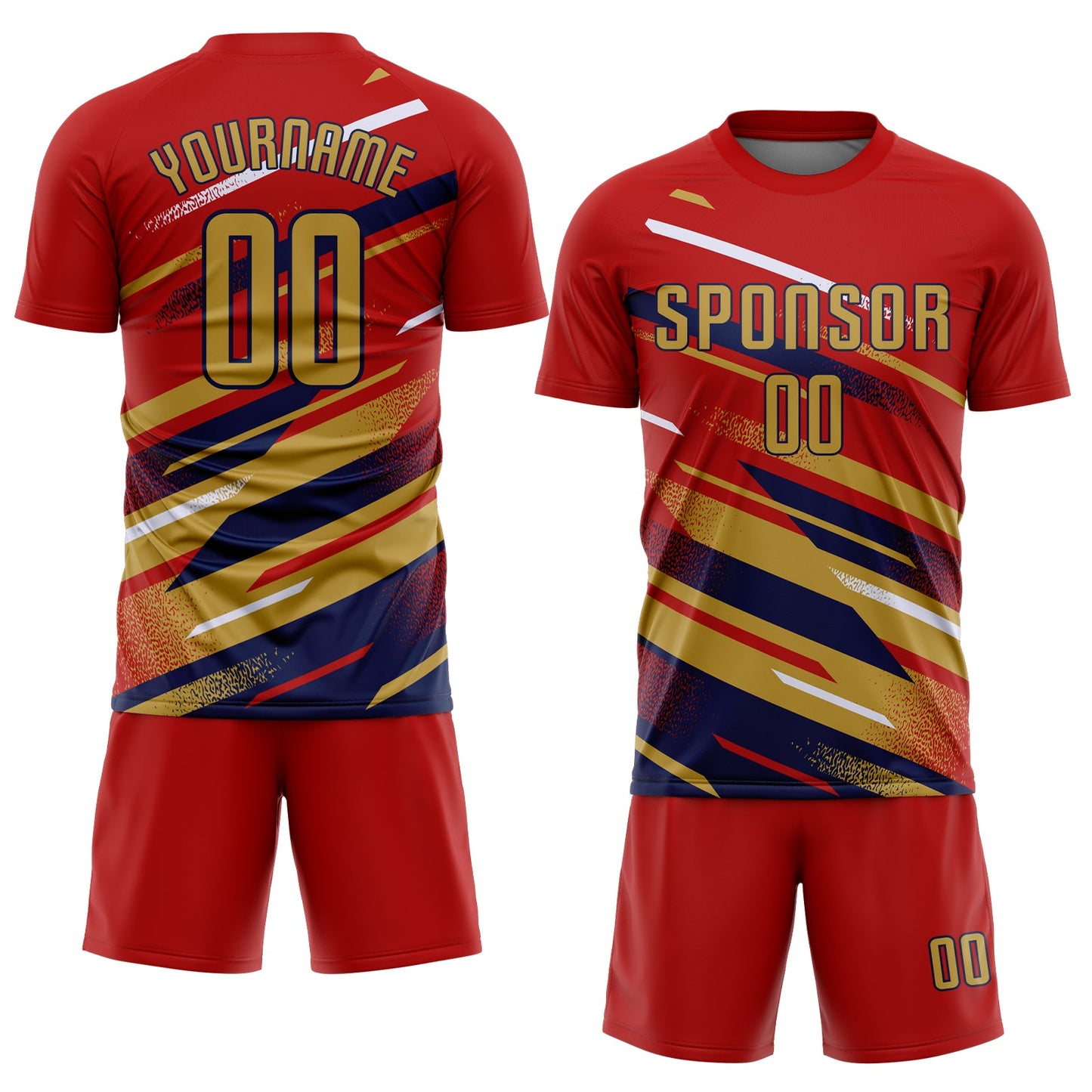 Custom Red Old Gold Navy-White Grunge Stripe And Grainy Sports Sublimation Soccer Uniform Jersey view 2
