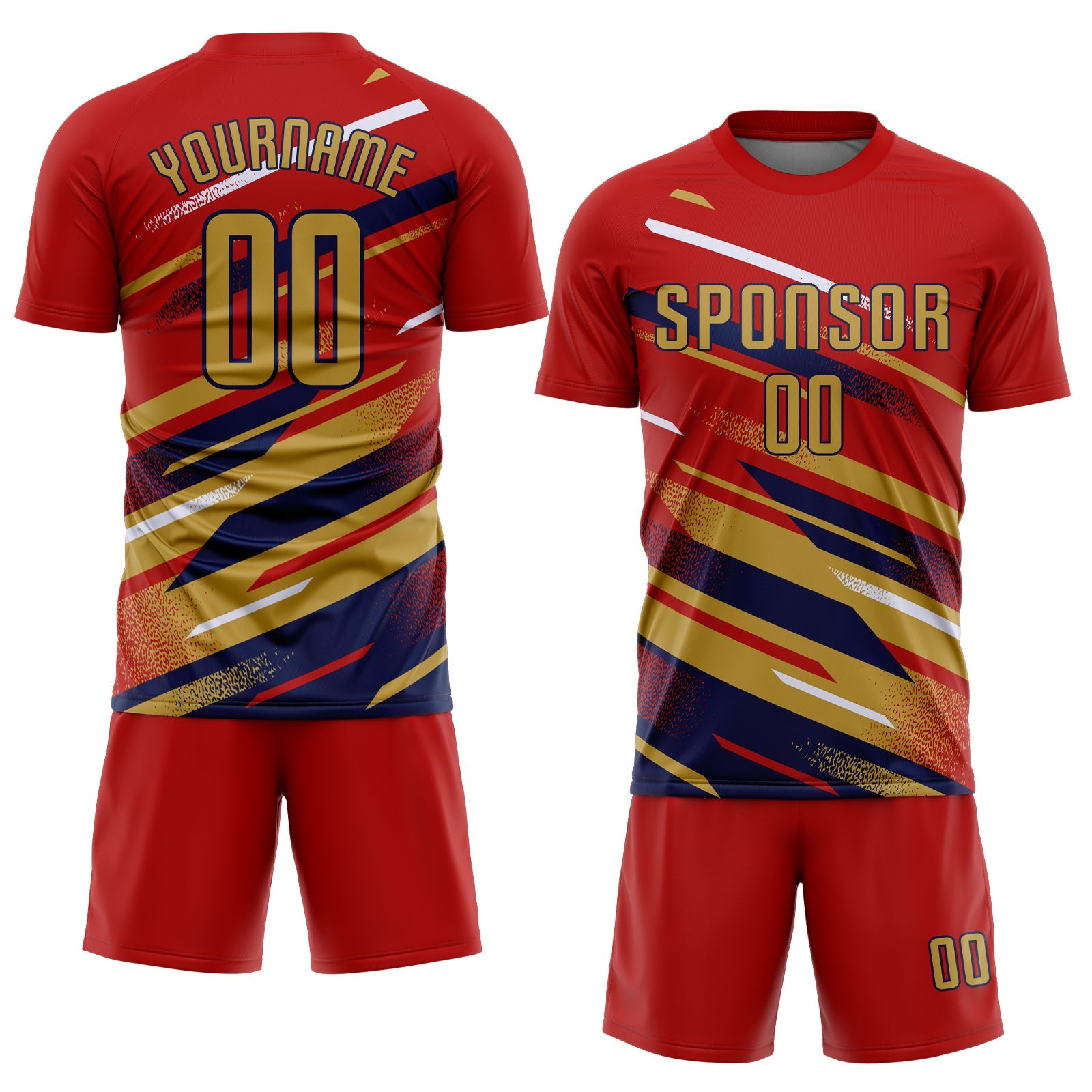 Custom Red Old Gold Navy-White Grunge Stripe And Grainy Sports Sublimation Soccer Uniform Jersey view 2