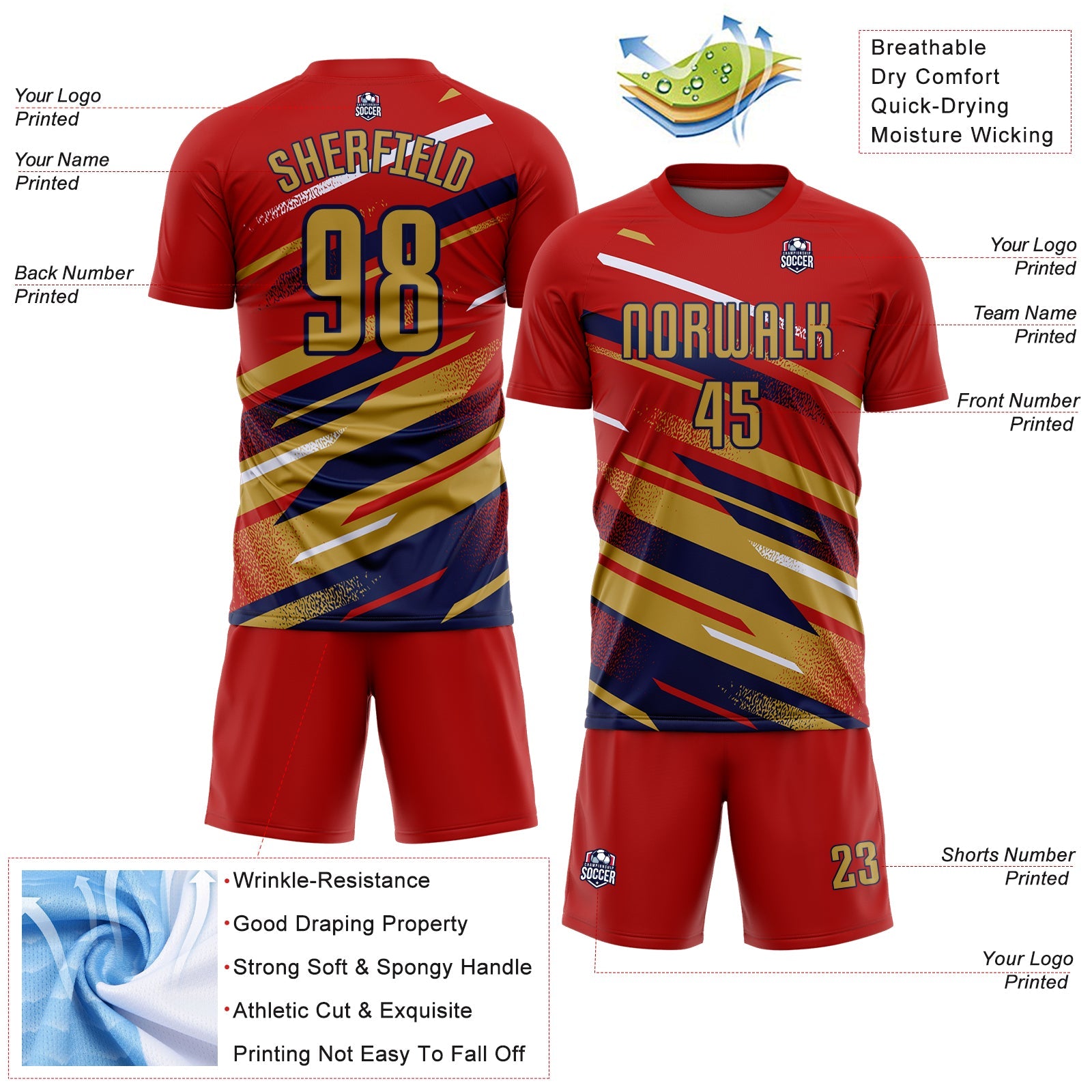 Custom Red Old Gold Navy-White Grunge Stripe And Grainy Sports Sublimation Soccer Uniform Jersey view 4