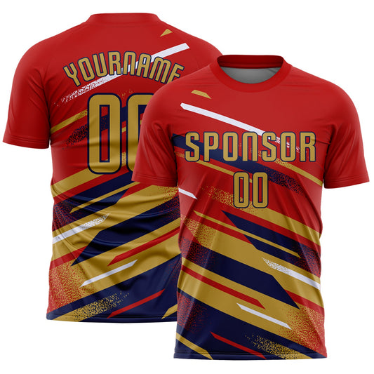 Custom Red Old Gold Navy-White Grunge Stripe And Grainy Sports Sublimation Soccer Uniform Jersey - Main View