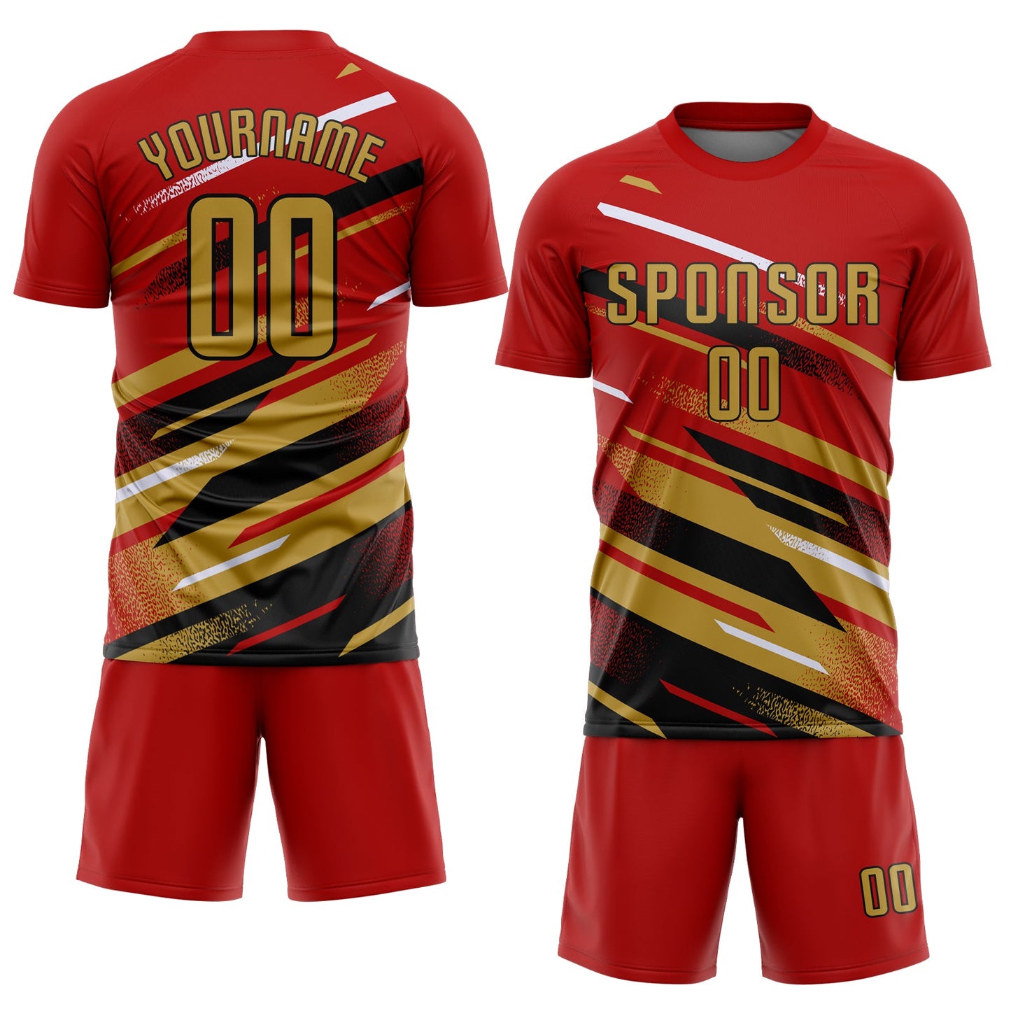 Custom Red Old Gold Black-White Grunge Stripe And Grainy Sports Sublimation Soccer Uniform Jersey view 2