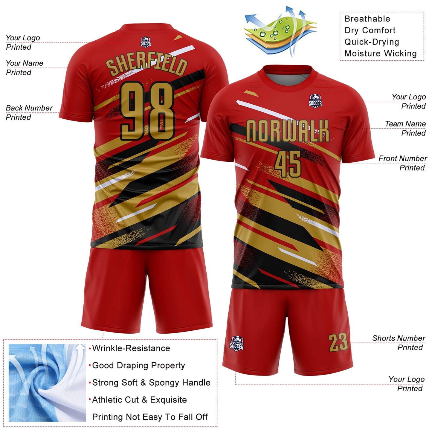 Custom Red Old Gold Black-White Grunge Stripe And Grainy Sports Sublimation Soccer Uniform Jersey view 4
