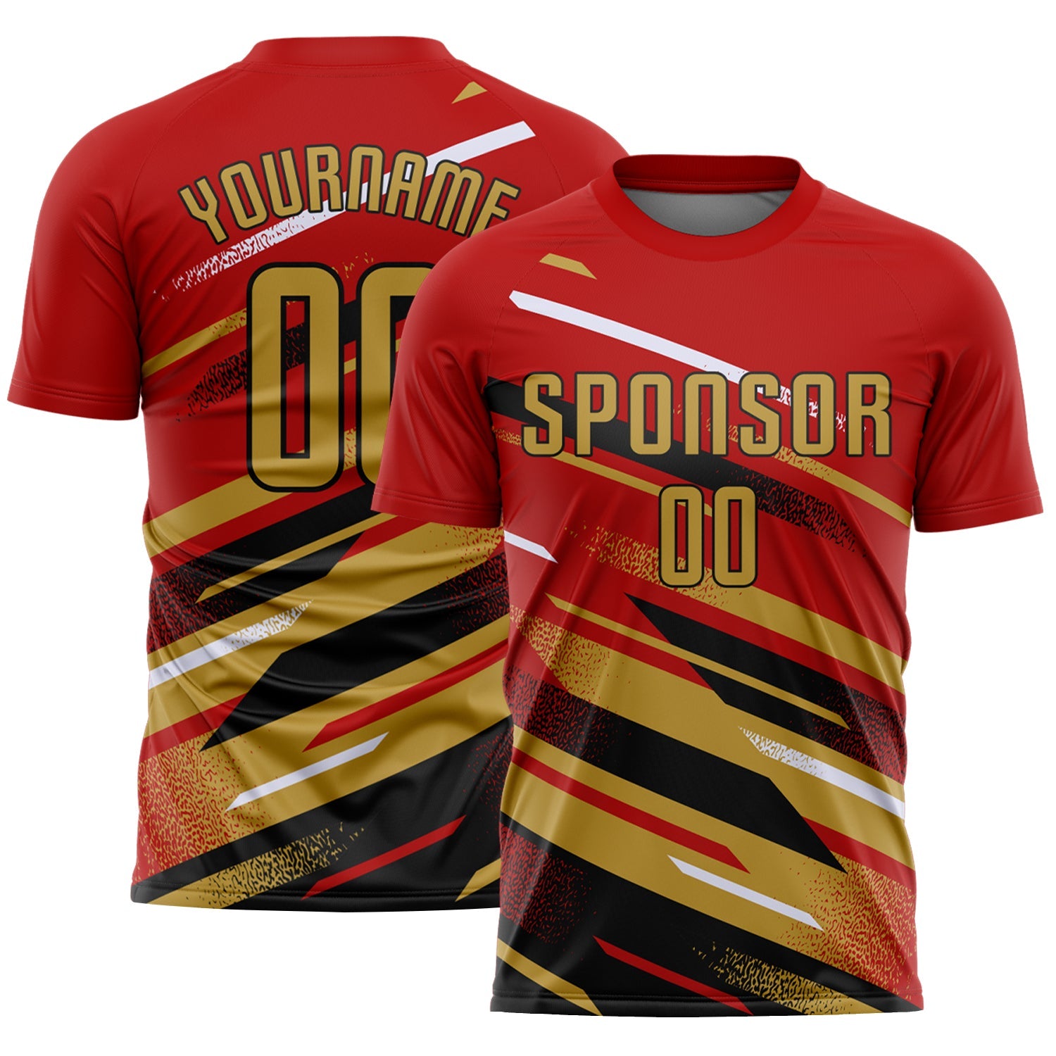 Custom Red Old Gold Black-White Grunge Stripe And Grainy Sports Sublimation Soccer Uniform Jersey - Main View