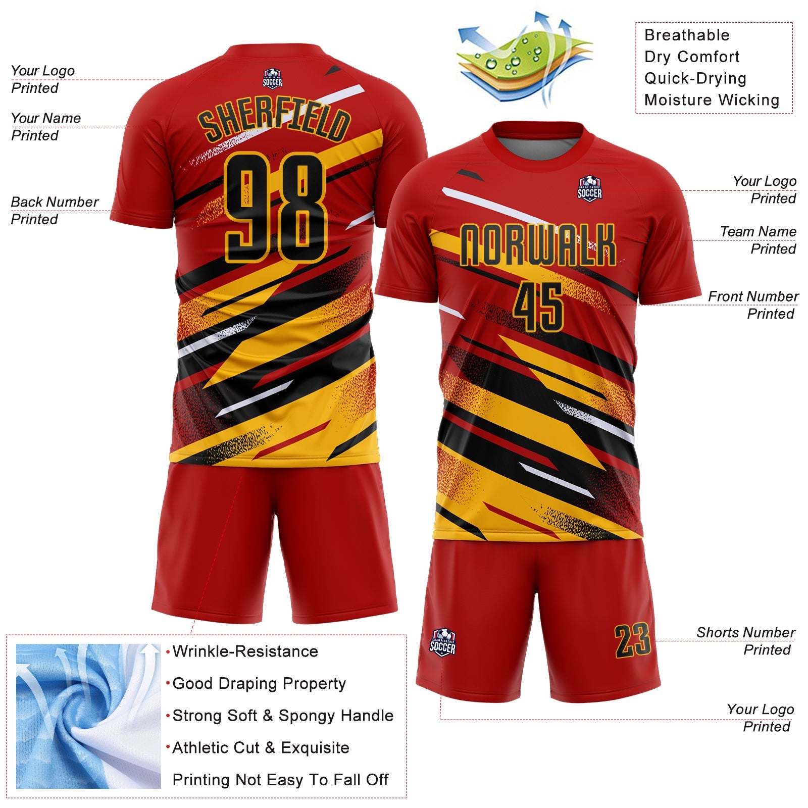 Custom Red Black Gold-White Grunge Stripe And Grainy Sports Sublimation Soccer Uniform Jersey view 4