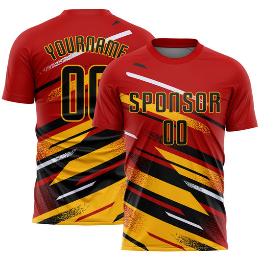 Custom Red Black Gold-White Grunge Stripe And Grainy Sports Sublimation Soccer Uniform Jersey - Main View