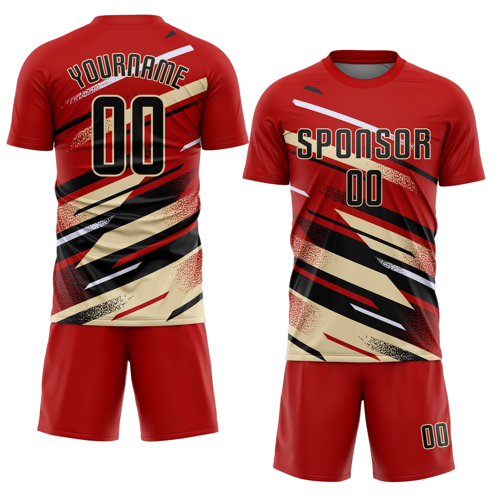 Custom Red Black Cream-White Grunge Stripe And Grainy Sports Sublimation Soccer Uniform Jersey view 2