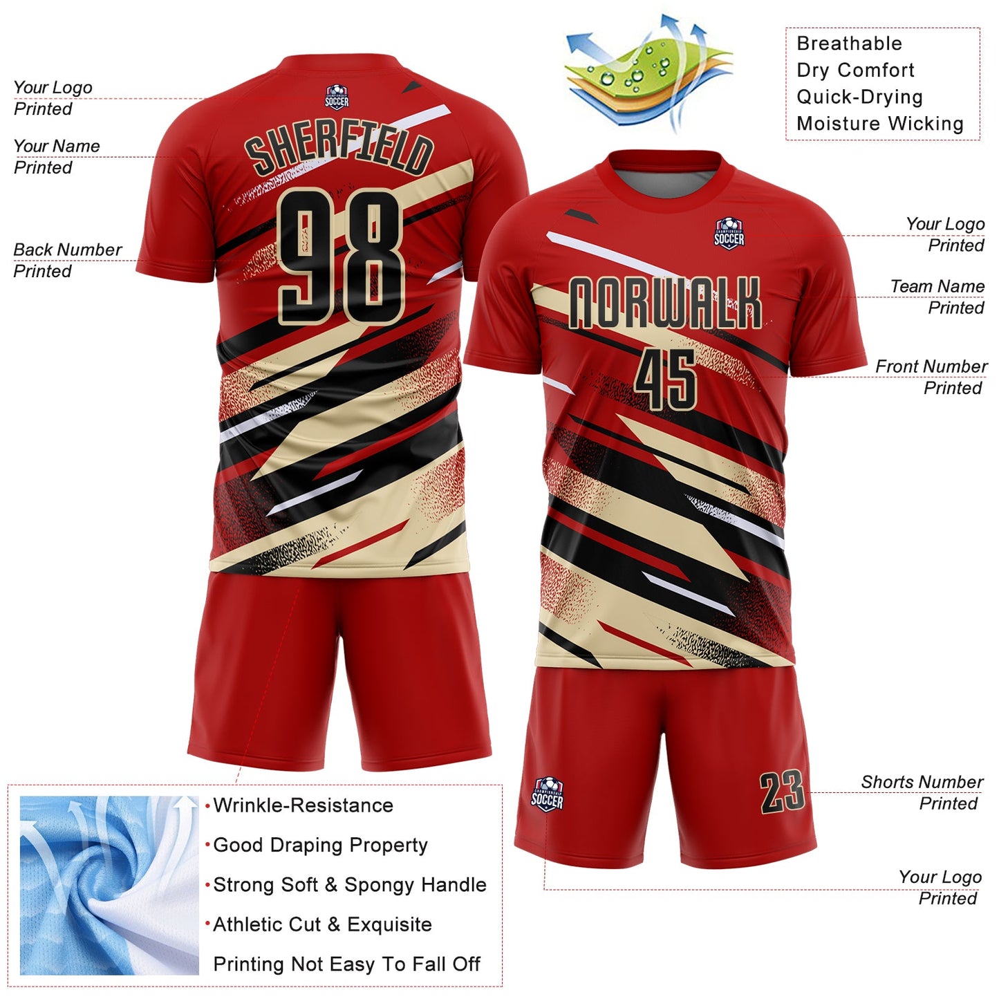 Custom Red Black Cream-White Grunge Stripe And Grainy Sports Sublimation Soccer Uniform Jersey view 4