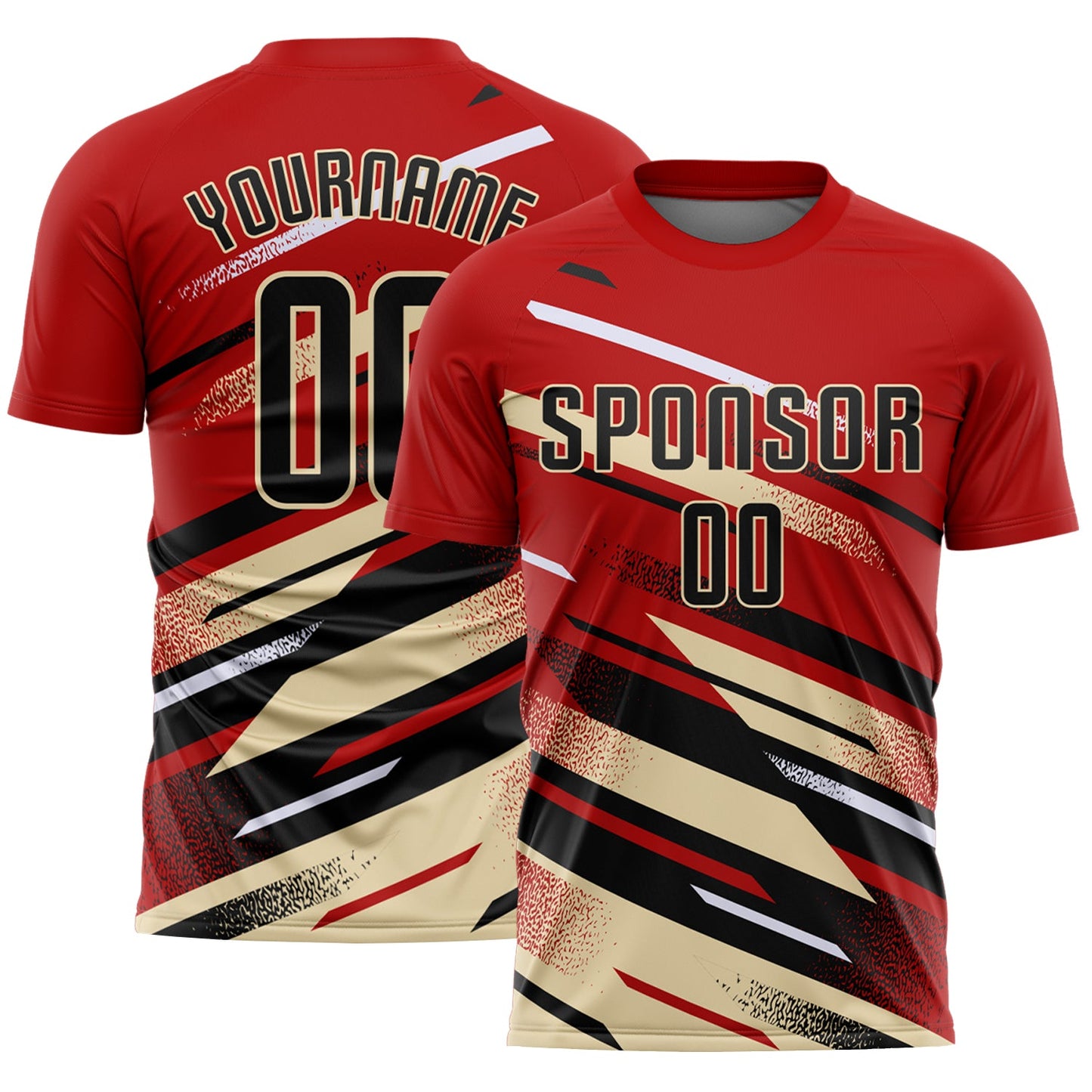 Custom Red Black Cream-White Grunge Stripe And Grainy Sports Sublimation Soccer Uniform Jersey - Main View