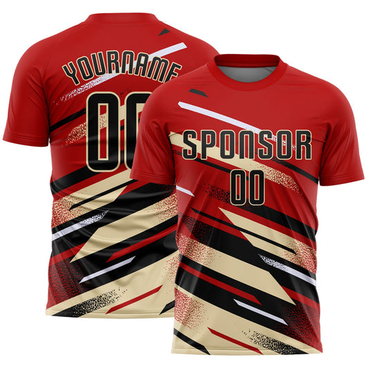 Custom Red Black Cream-White Grunge Stripe And Grainy Sports Sublimation Soccer Uniform Jersey - Main View