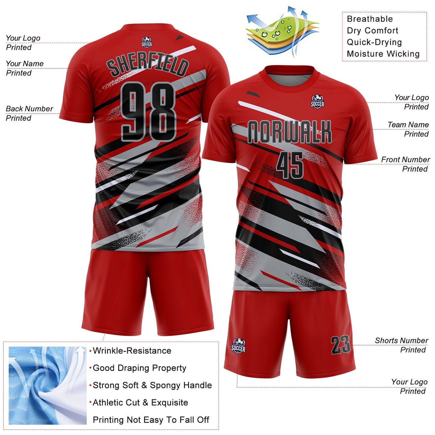 Custom Red Black Gray-White Grunge Stripe And Grainy Sports Sublimation Soccer Uniform Jersey view 4