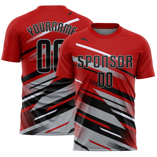 Custom Red Black Gray-White Grunge Stripe And Grainy Sports Sublimation Soccer Uniform Jersey - Main View