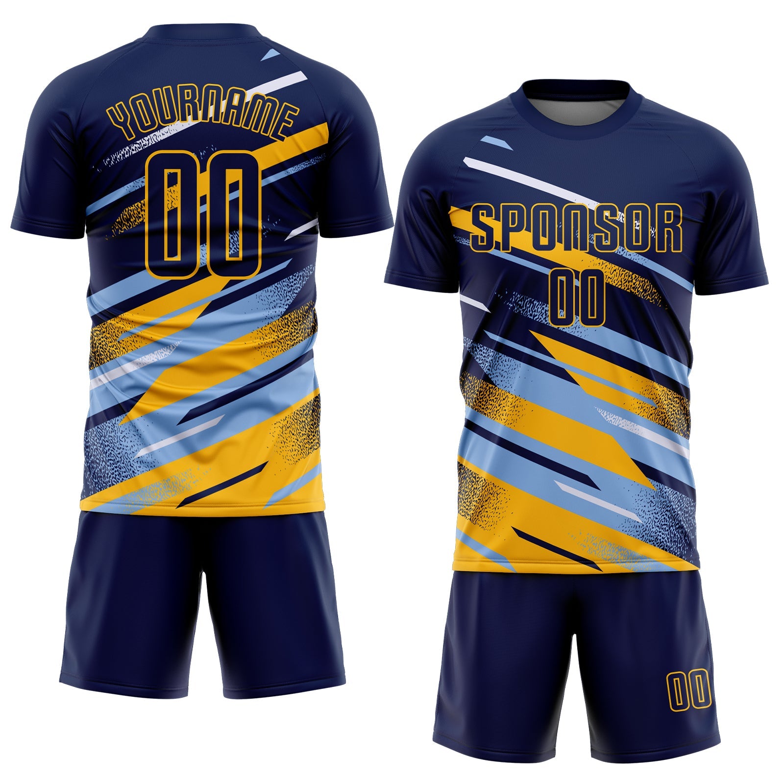 Custom Navy Light Blue Gold-White Grunge Stripe And Grainy Sports Sublimation Soccer Uniform Jersey view 2