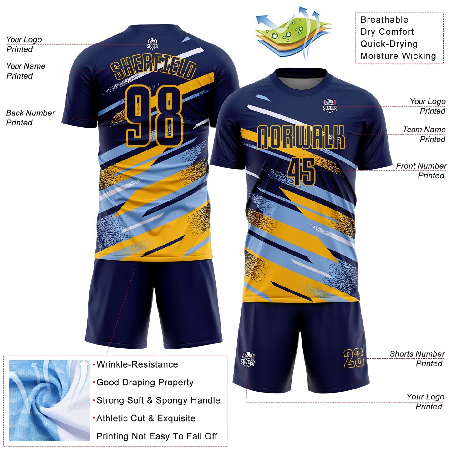 Custom Navy Light Blue Gold-White Grunge Stripe And Grainy Sports Sublimation Soccer Uniform Jersey view 4
