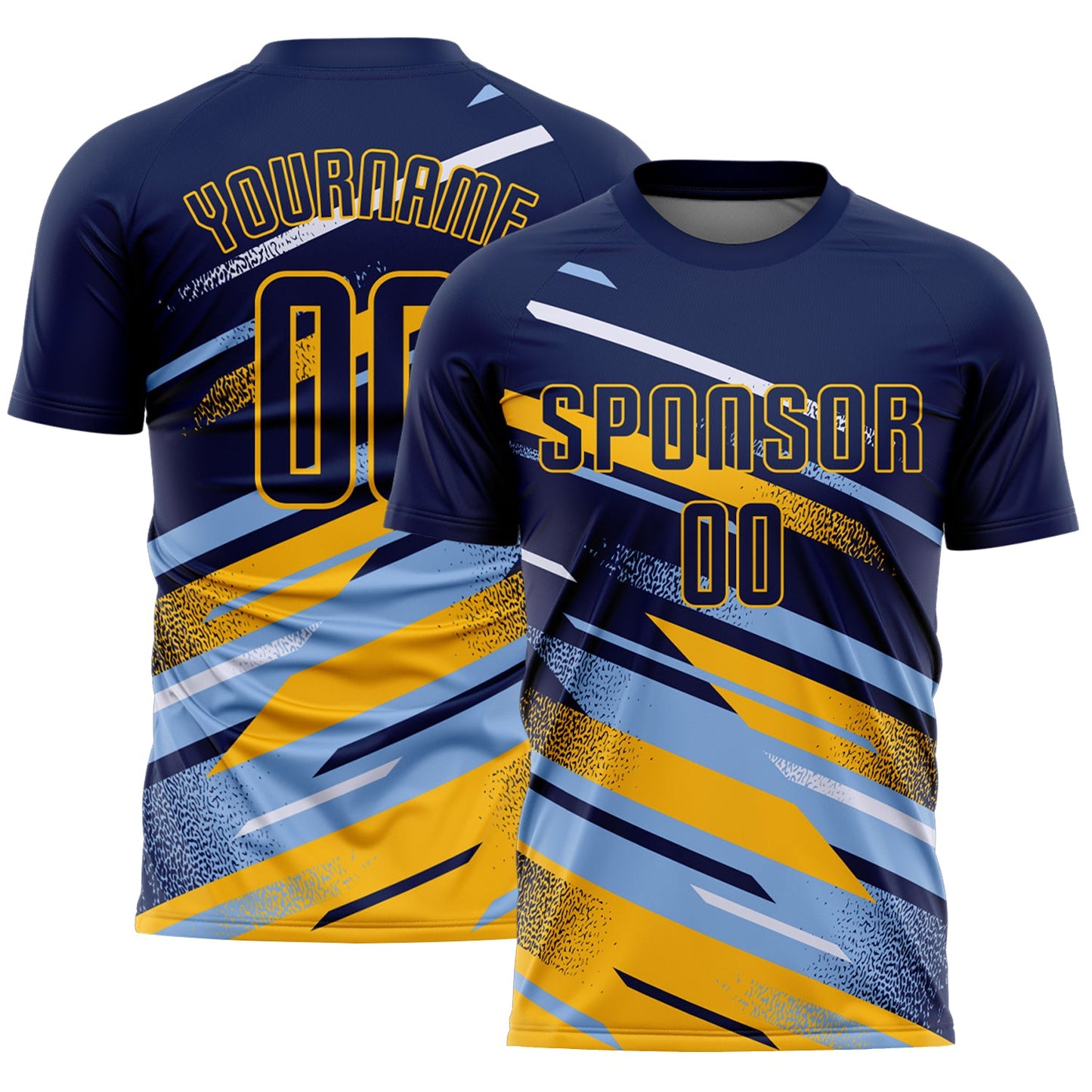 Custom Navy Light Blue Gold-White Grunge Stripe And Grainy Sports Sublimation Soccer Uniform Jersey - Main View