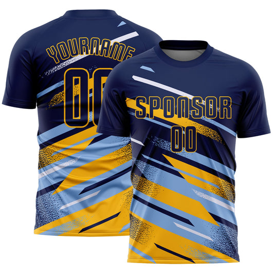 Custom Navy Light Blue Gold-White Grunge Stripe And Grainy Sports Sublimation Soccer Uniform Jersey - Main View