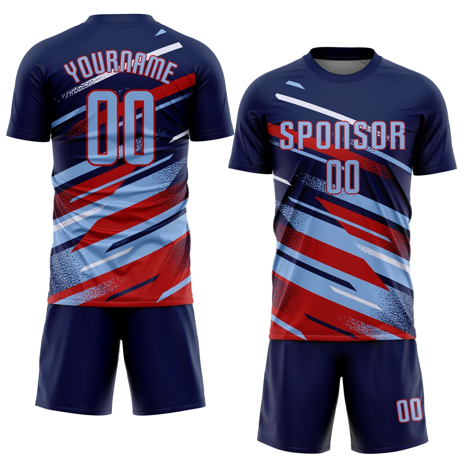 Custom Navy Light Blue Red-White Grunge Stripe And Grainy Sports Sublimation Soccer Uniform Jersey view 2