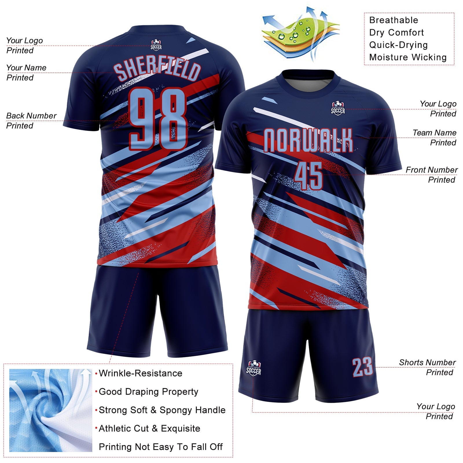 Custom Navy Light Blue Red-White Grunge Stripe And Grainy Sports Sublimation Soccer Uniform Jersey view 4