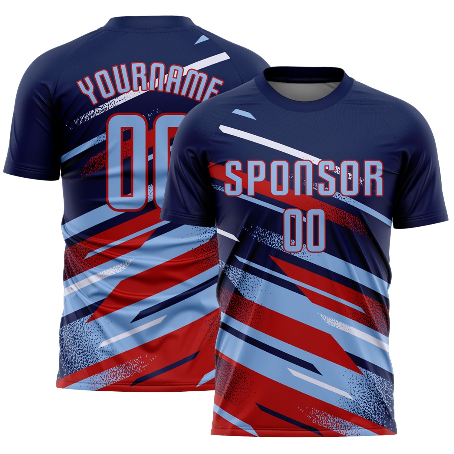 Custom Navy Light Blue Red-White Grunge Stripe And Grainy Sports Sublimation Soccer Uniform Jersey - Main View