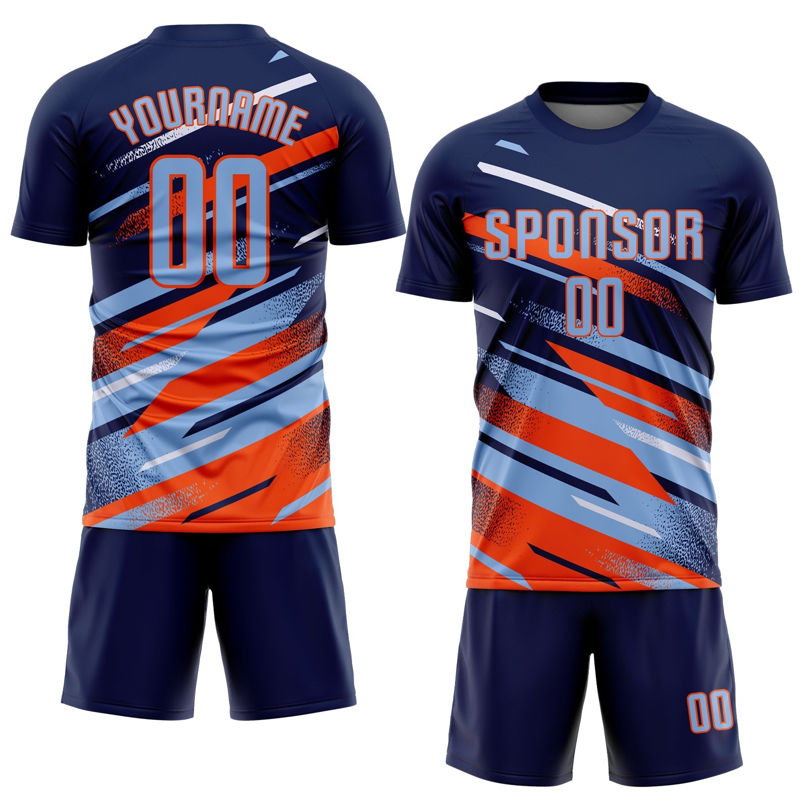 Custom Navy Light Blue Orange-White Grunge Stripe And Grainy Sports Sublimation Soccer Uniform Jersey view 2