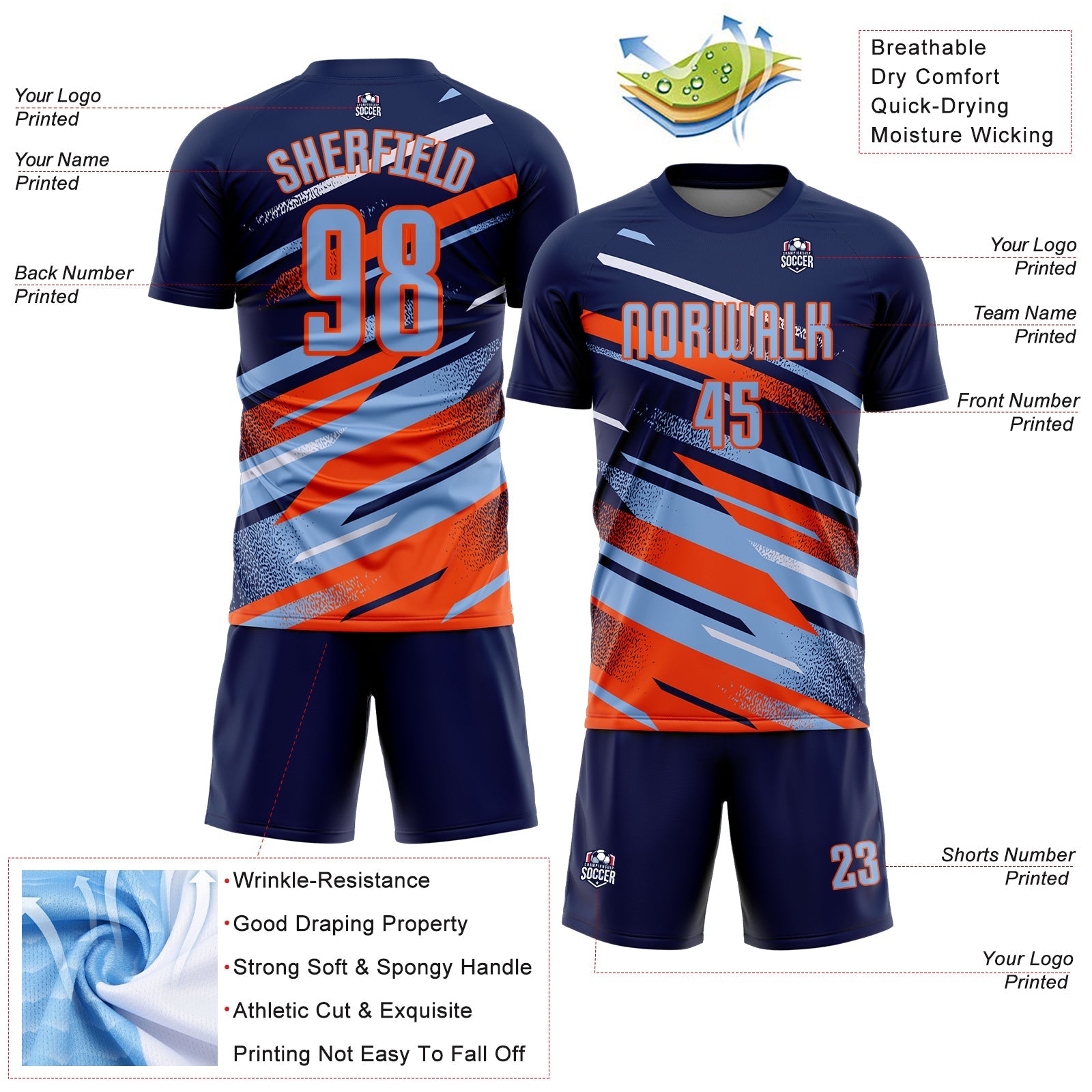 Custom Navy Light Blue Orange-White Grunge Stripe And Grainy Sports Sublimation Soccer Uniform Jersey view 4