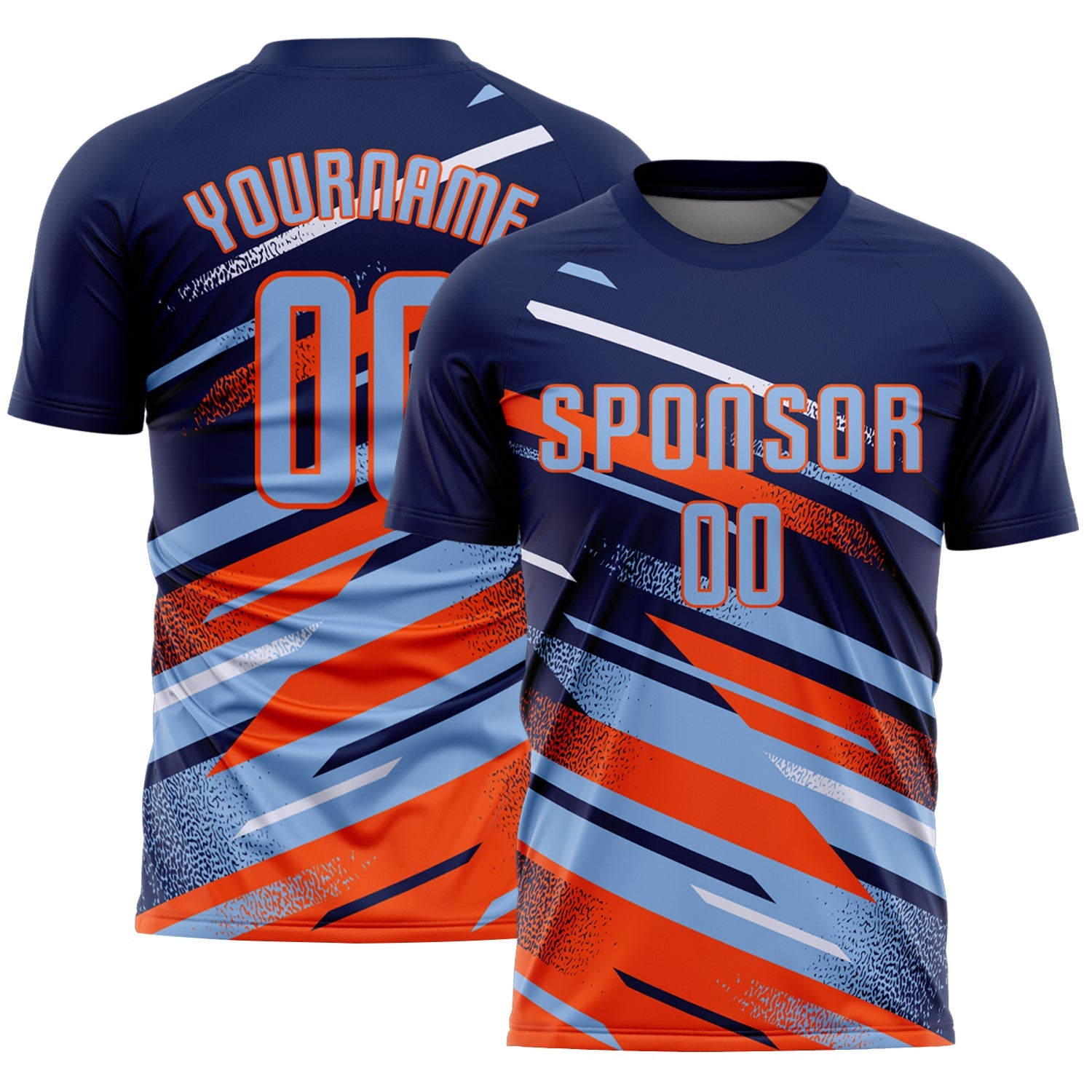 Custom Navy Light Blue Orange-White Grunge Stripe And Grainy Sports Sublimation Soccer Uniform Jersey - Main View