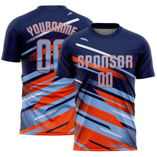 Custom Navy Light Blue Orange-White Grunge Stripe And Grainy Sports Sublimation Soccer Uniform Jersey - Main View