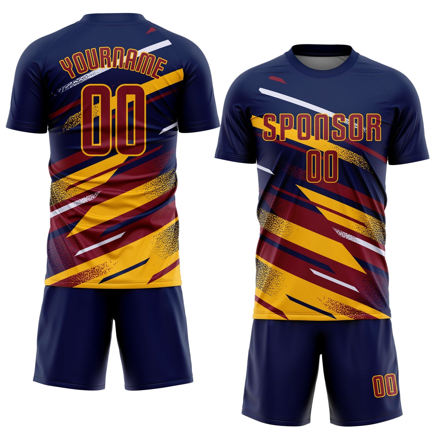 Custom Navy Crimson Gold-White Grunge Stripe And Grainy Sports Sublimation Soccer Uniform Jersey view 2