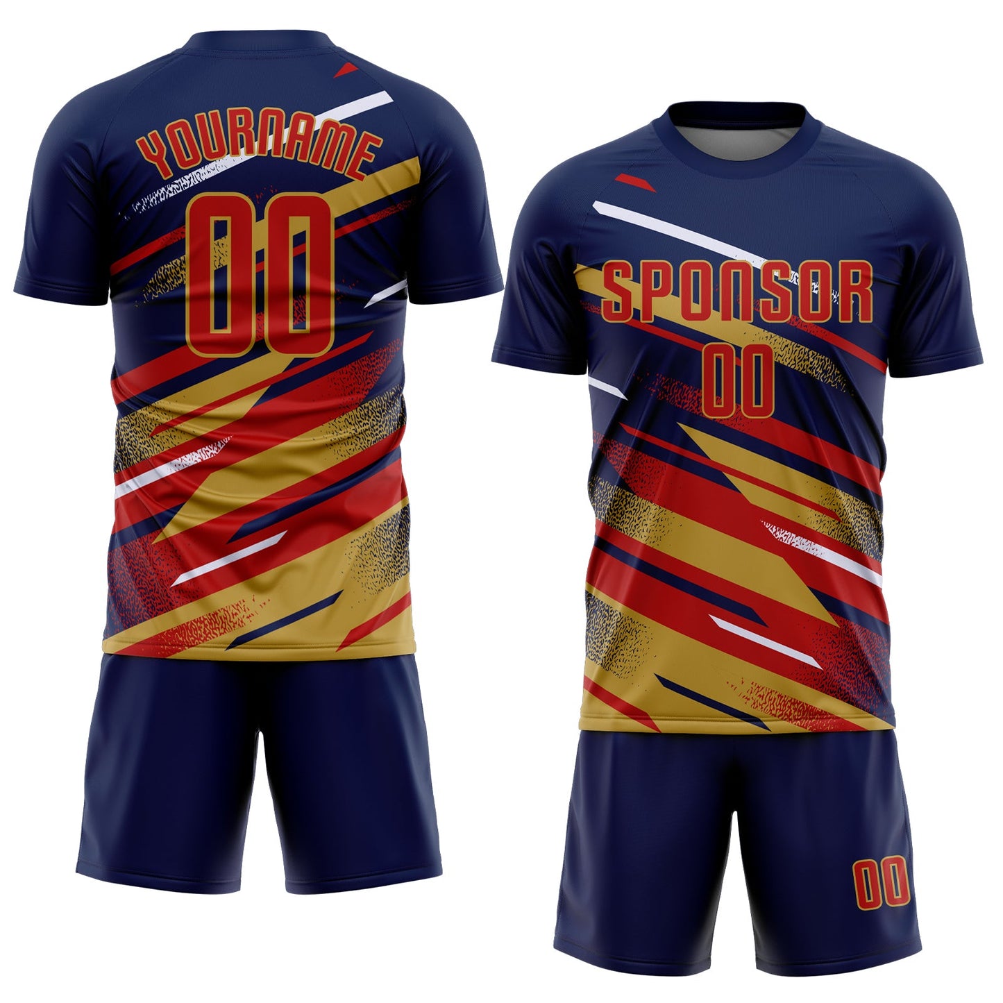 Custom Navy Red Old Gold-White Grunge Stripe And Grainy Sports Sublimation Soccer Uniform Jersey view 2