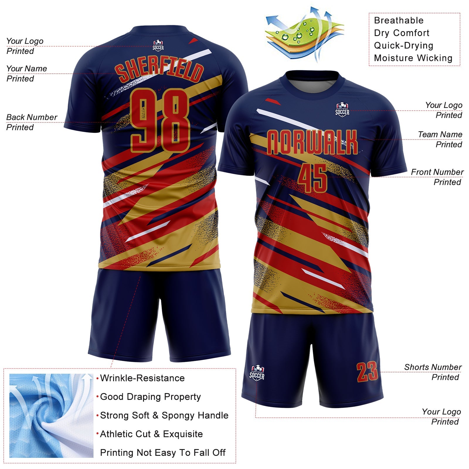 Custom Navy Red Old Gold-White Grunge Stripe And Grainy Sports Sublimation Soccer Uniform Jersey view 4
