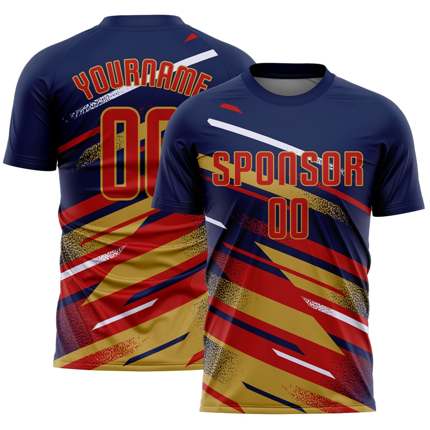 Custom Navy Red Old Gold-White Grunge Stripe And Grainy Sports Sublimation Soccer Uniform Jersey - Main View