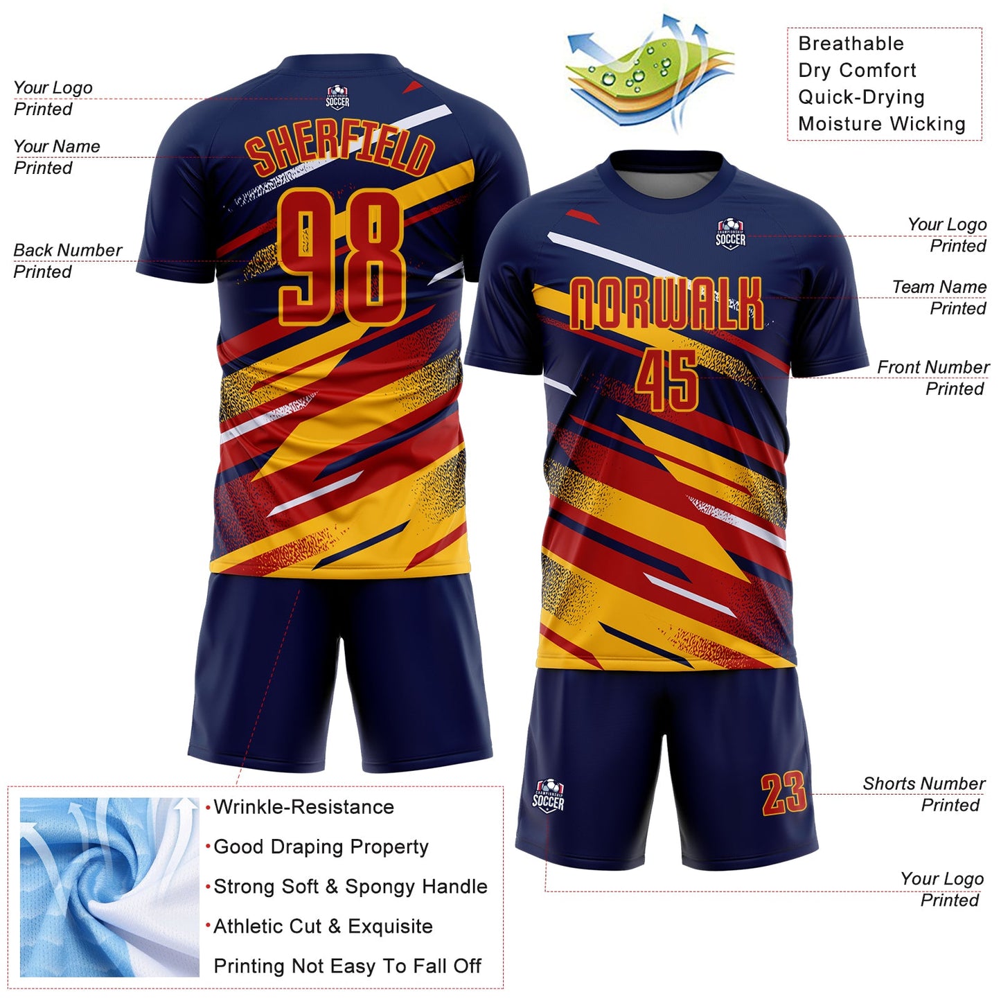 Custom Navy Red Gold-White Grunge Stripe And Grainy Sports Sublimation Soccer Uniform Jersey view 4