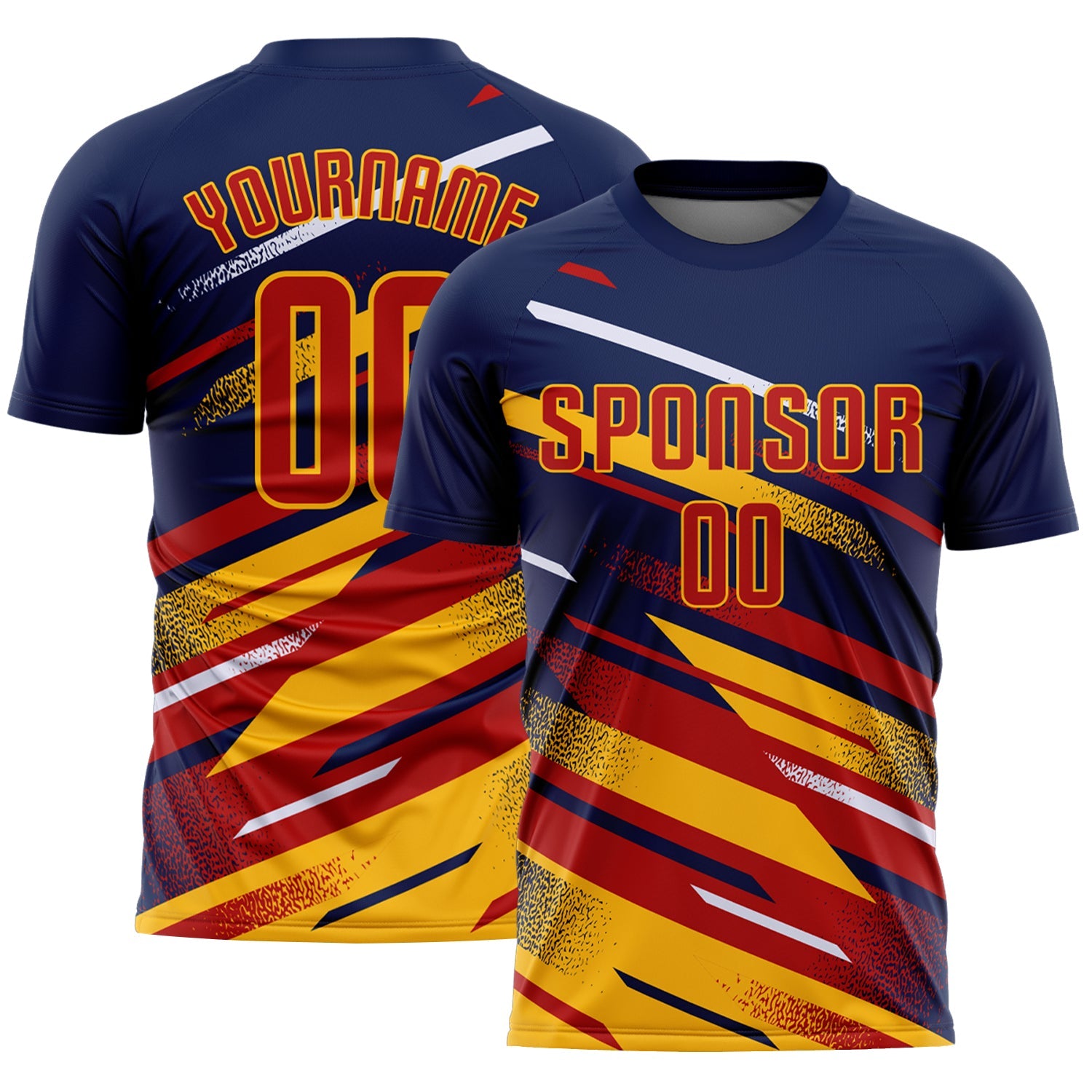 Custom Navy Red Gold-White Grunge Stripe And Grainy Sports Sublimation Soccer Uniform Jersey - Main View