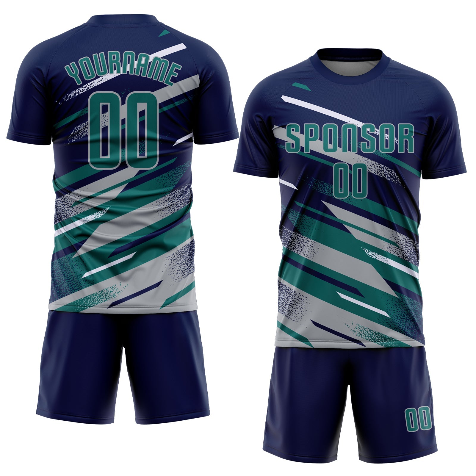 Custom Navy Teal Gray-White Grunge Stripe And Grainy Sports Sublimation Soccer Uniform Jersey view 2