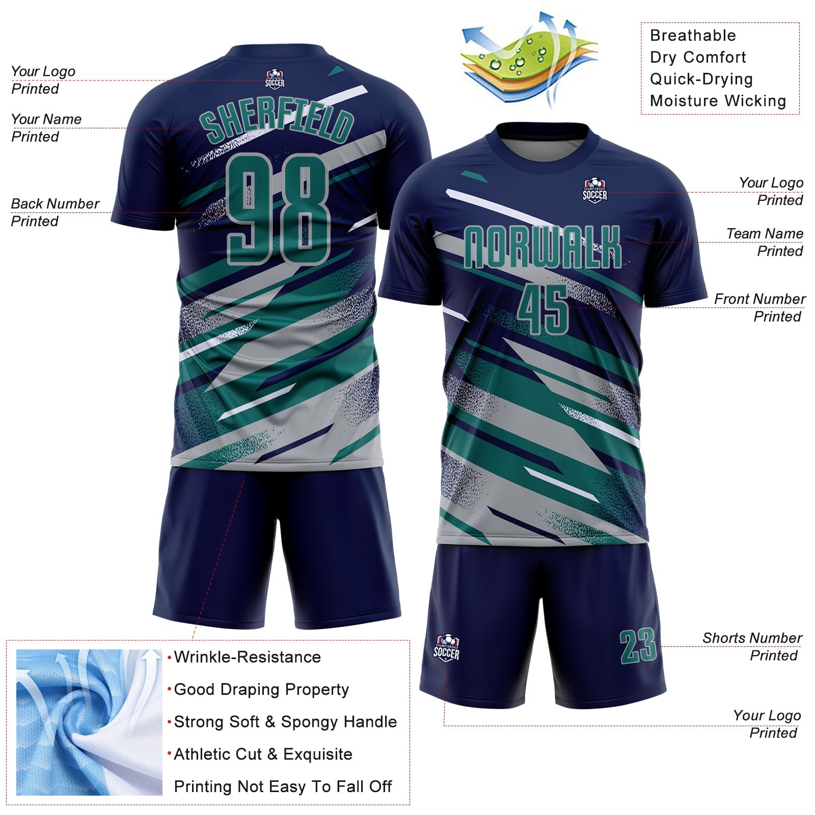 Custom Navy Teal Gray-White Grunge Stripe And Grainy Sports Sublimation Soccer Uniform Jersey view 4