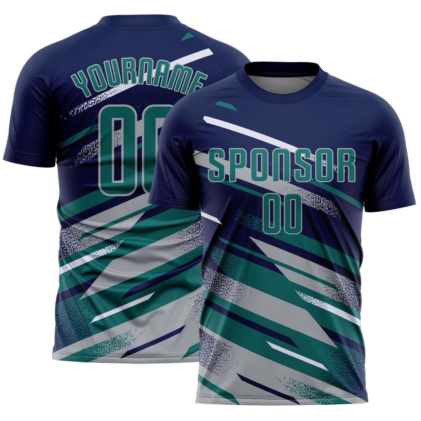 Custom Navy Teal Gray-White Grunge Stripe And Grainy Sports Sublimation Soccer Uniform Jersey - Main View