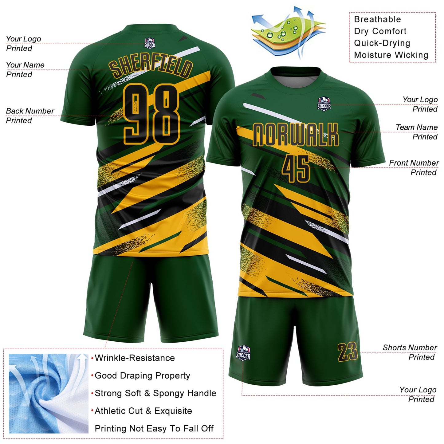 Custom Green Black Gold-White Grunge Stripe And Grainy Sports Sublimation Soccer Uniform Jersey view 4