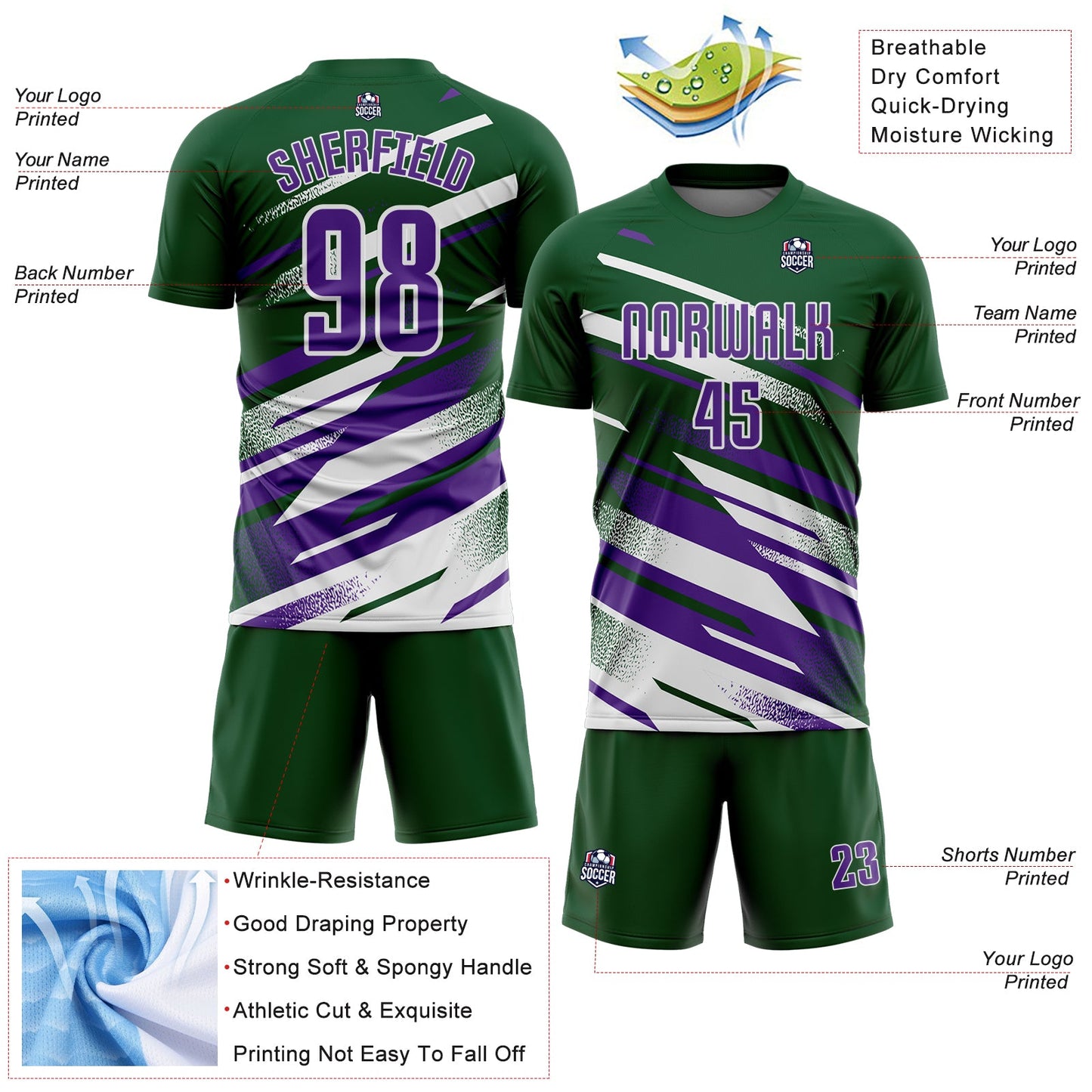 Custom Green Purple-White Grunge Stripe And Grainy Sports Sublimation Soccer Uniform Jersey view 4