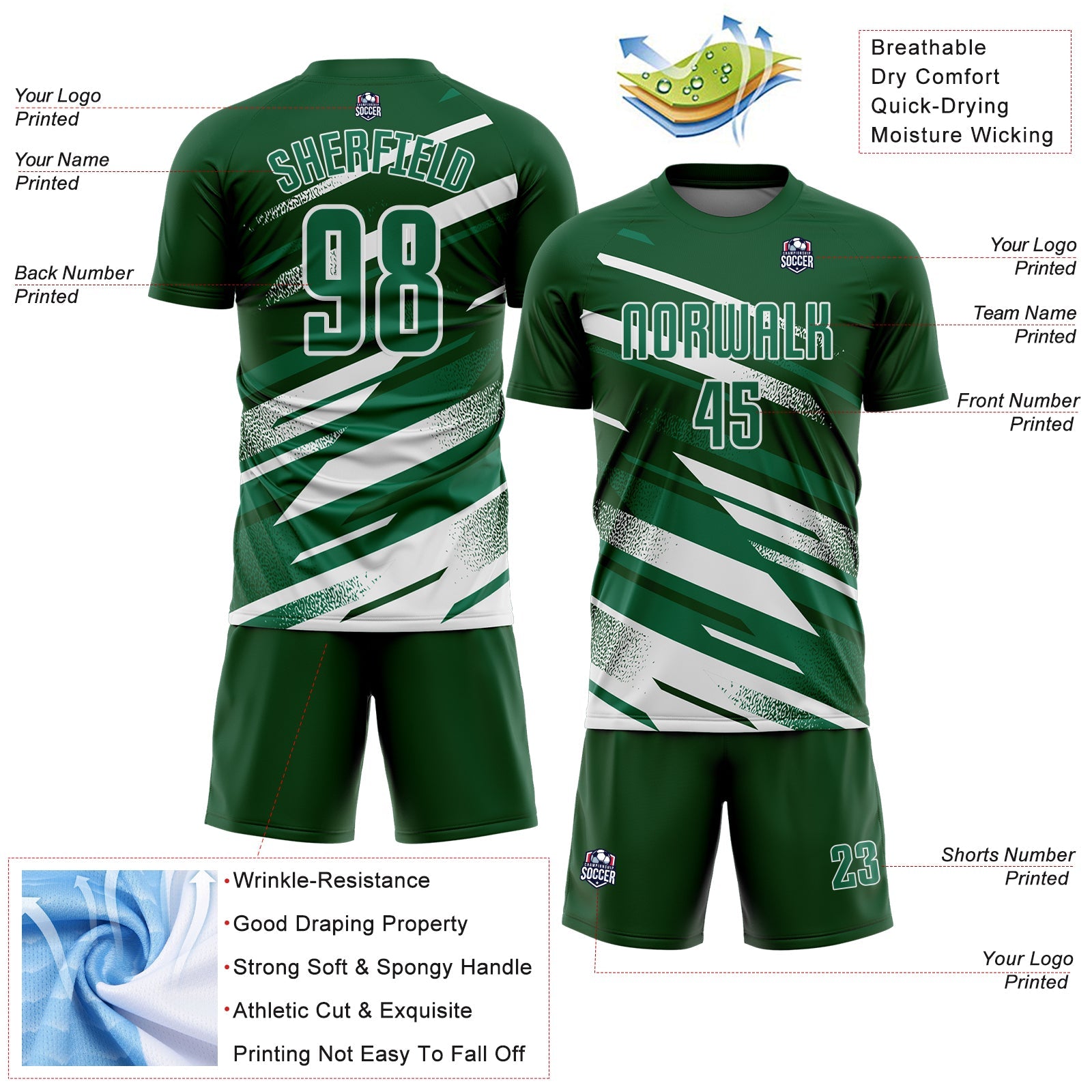 Custom Green Kelly Green-White Grunge Stripe And Grainy Sports Sublimation Soccer Uniform Jersey view 4